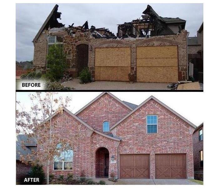 Before and after of the exterior of a home with fire damage.