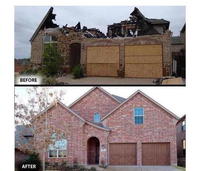 Before and after picture of a house damaged by fire, fire damaged roof of the house
